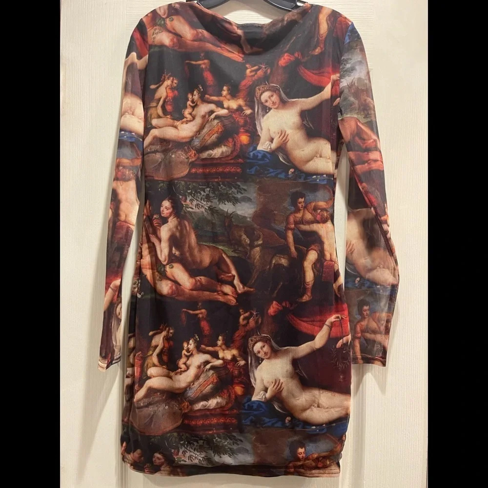 Plt Shape Multi Renaissance Print Mesh Square Neck Bodycon Dress, Size 10, NWOT - Picture 11 of 11